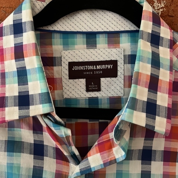 Johnston and Murphy Printed Cotton Shirt in Rainbow Plaid, size L - Picture 2 of 4